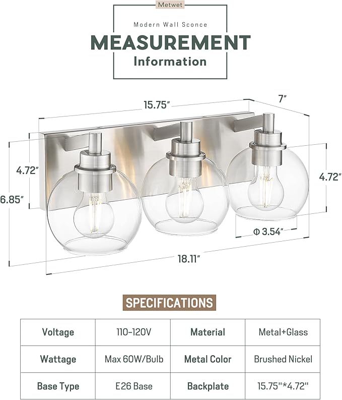 METWET Bathroom Light Fixtures, 3-Light Brushed Nickel Vanity Light, Modern