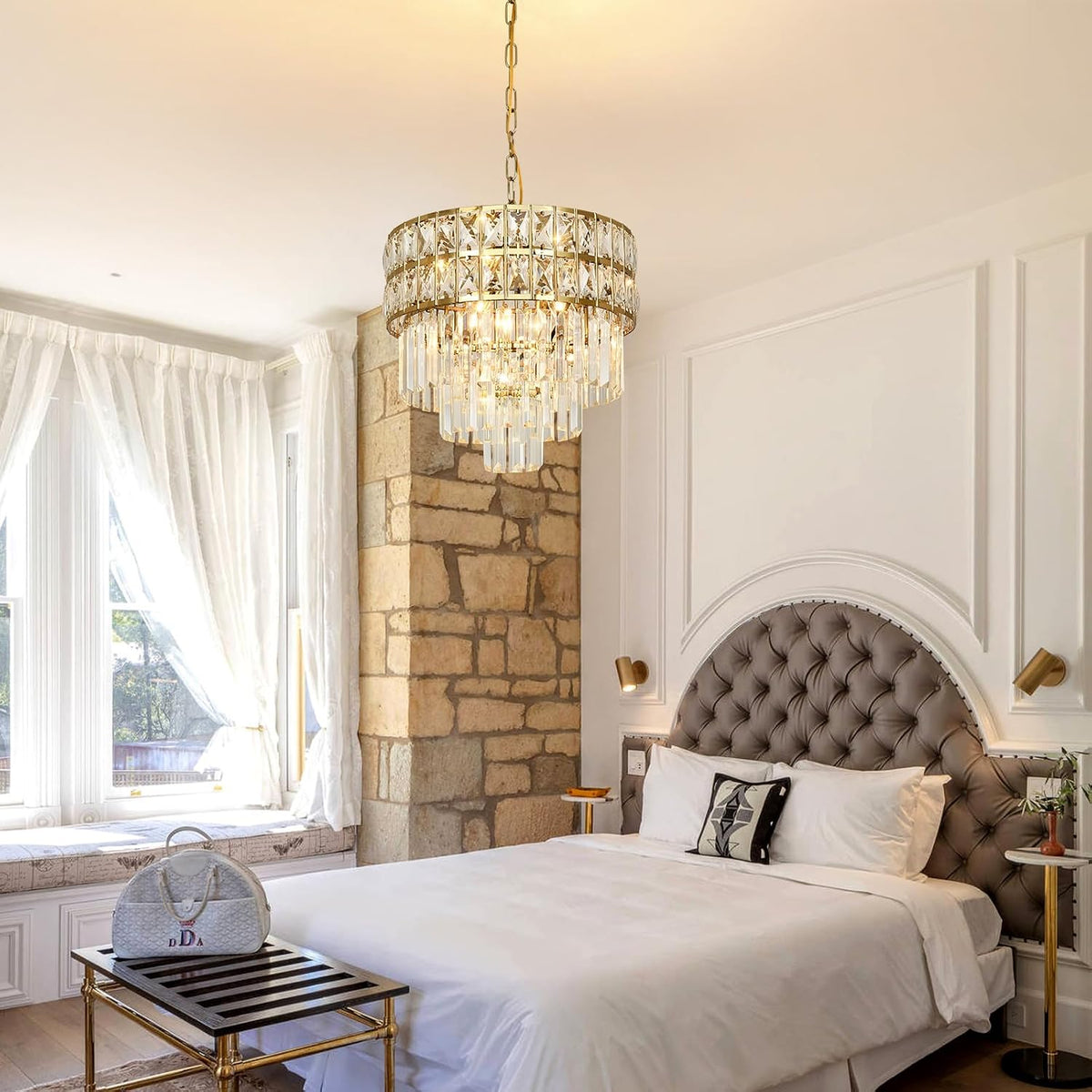 Modern Crystal Chandelier Gold Pendant, Round Crystal Light Fixture Hanging L...