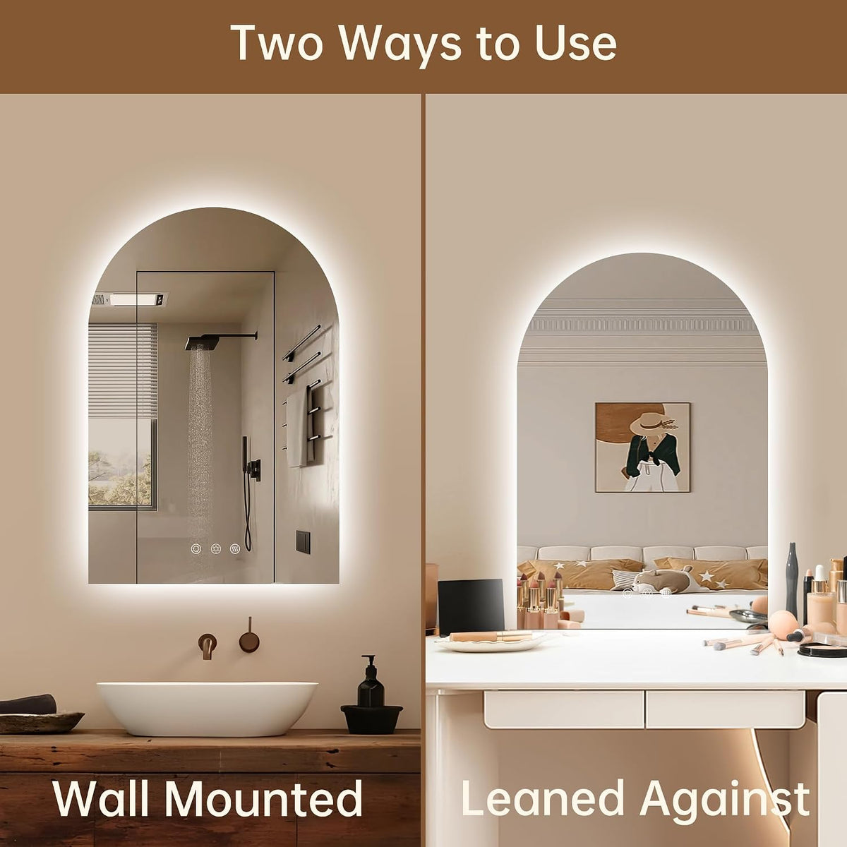 24"x36" Arched LED Lighted Bathroom Mirror with Lights | Fogless, D...