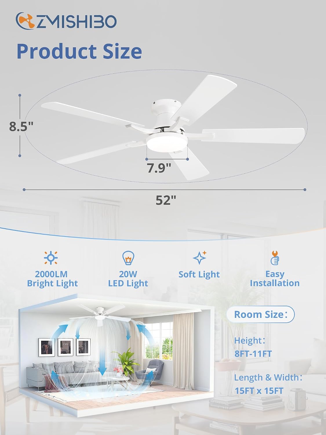 ZMISHIBO 52 Inch Ceiling Fans with Lights, Remote&App Control, Flush Mount