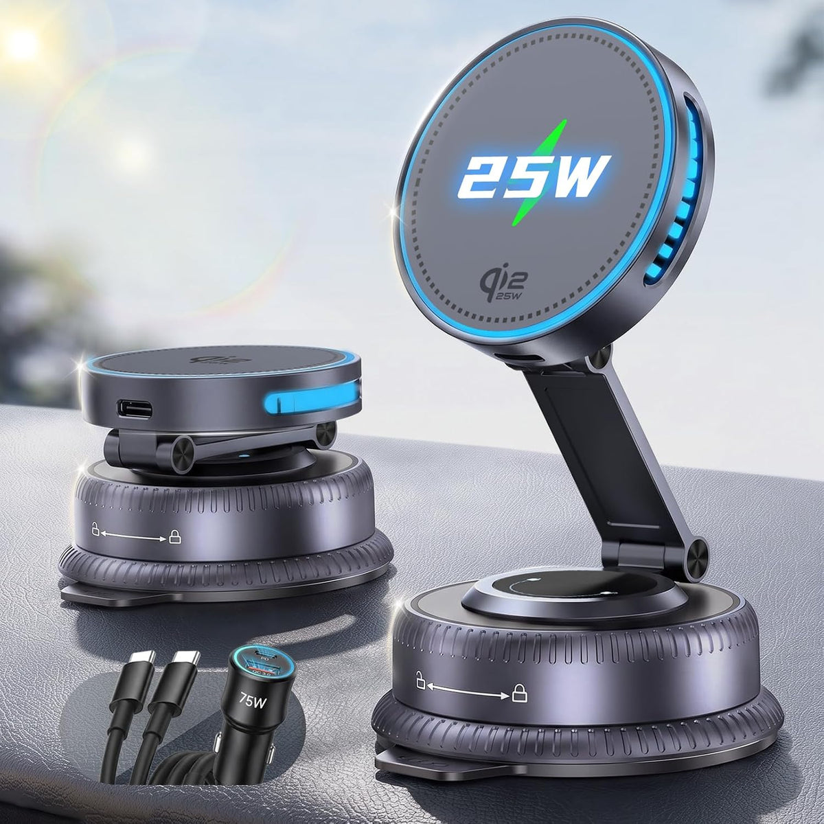 Qi2.2 25W MagSafe Car Mount Charger, Cooling Fan+75W Fast Adapter