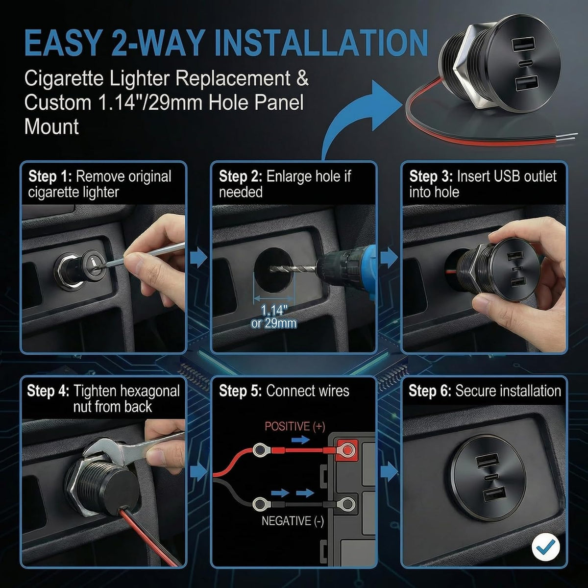 4PCS 72W RV USB Outlet All-Aluminum 12V/24V 3 Ports Recessed Mount