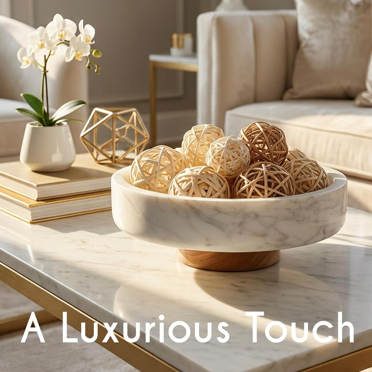 Evovee White Marble Fruit Bowl Decorative Home Decor Table Centerpiece Acacia...