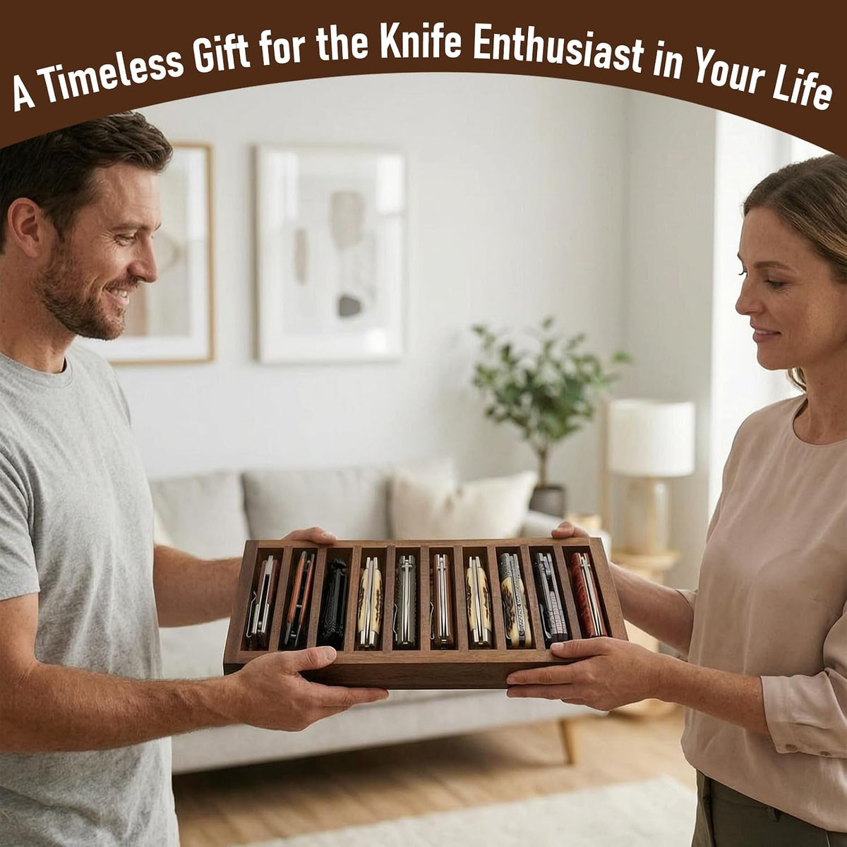Acacia Wooden Knife Display Case 10 Slot EDC Tray Storage Organizer