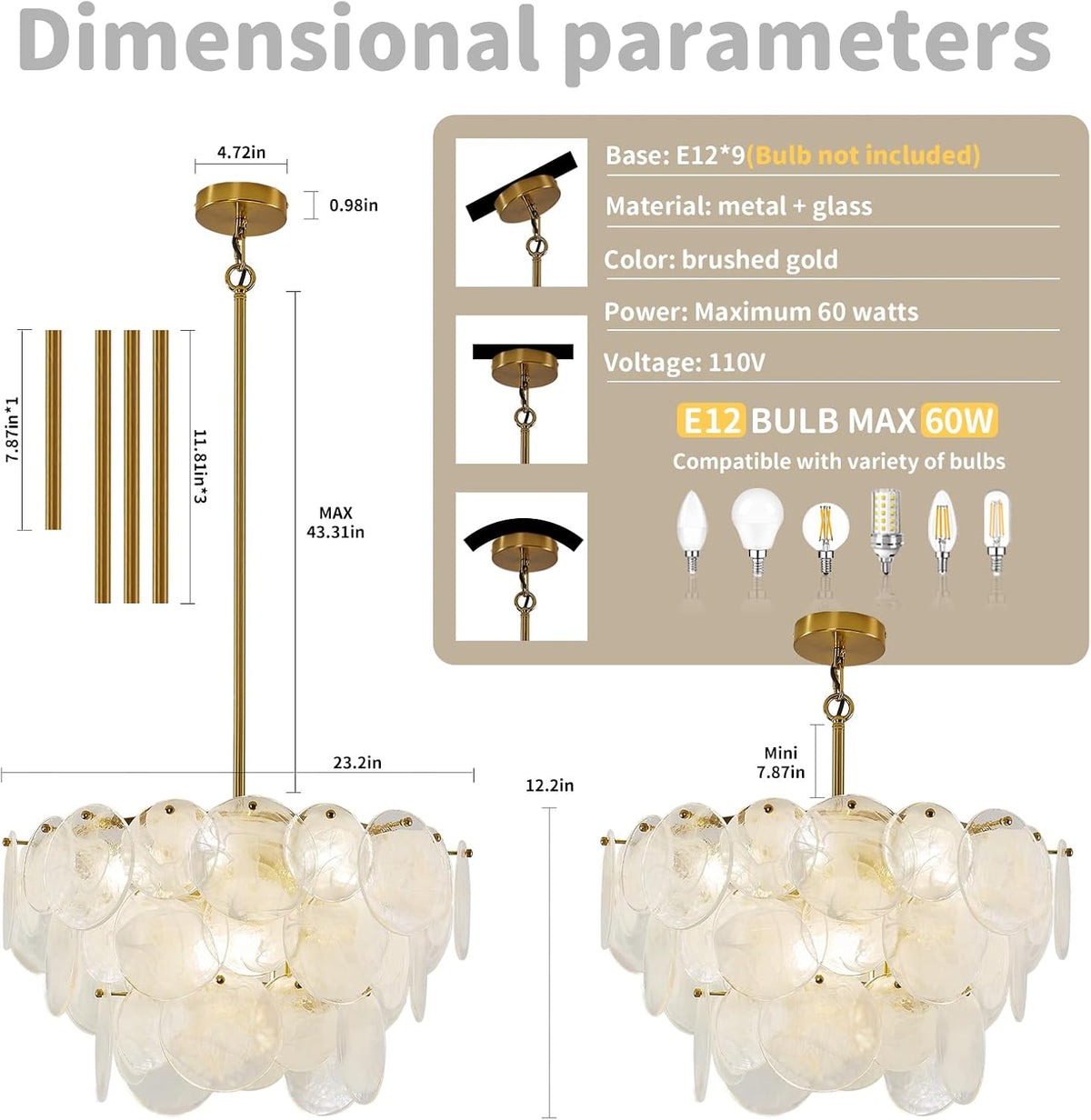Gold Chandeliers Modern Glass Chandelier, D23.2 inch Round Crystal Pendant Li...