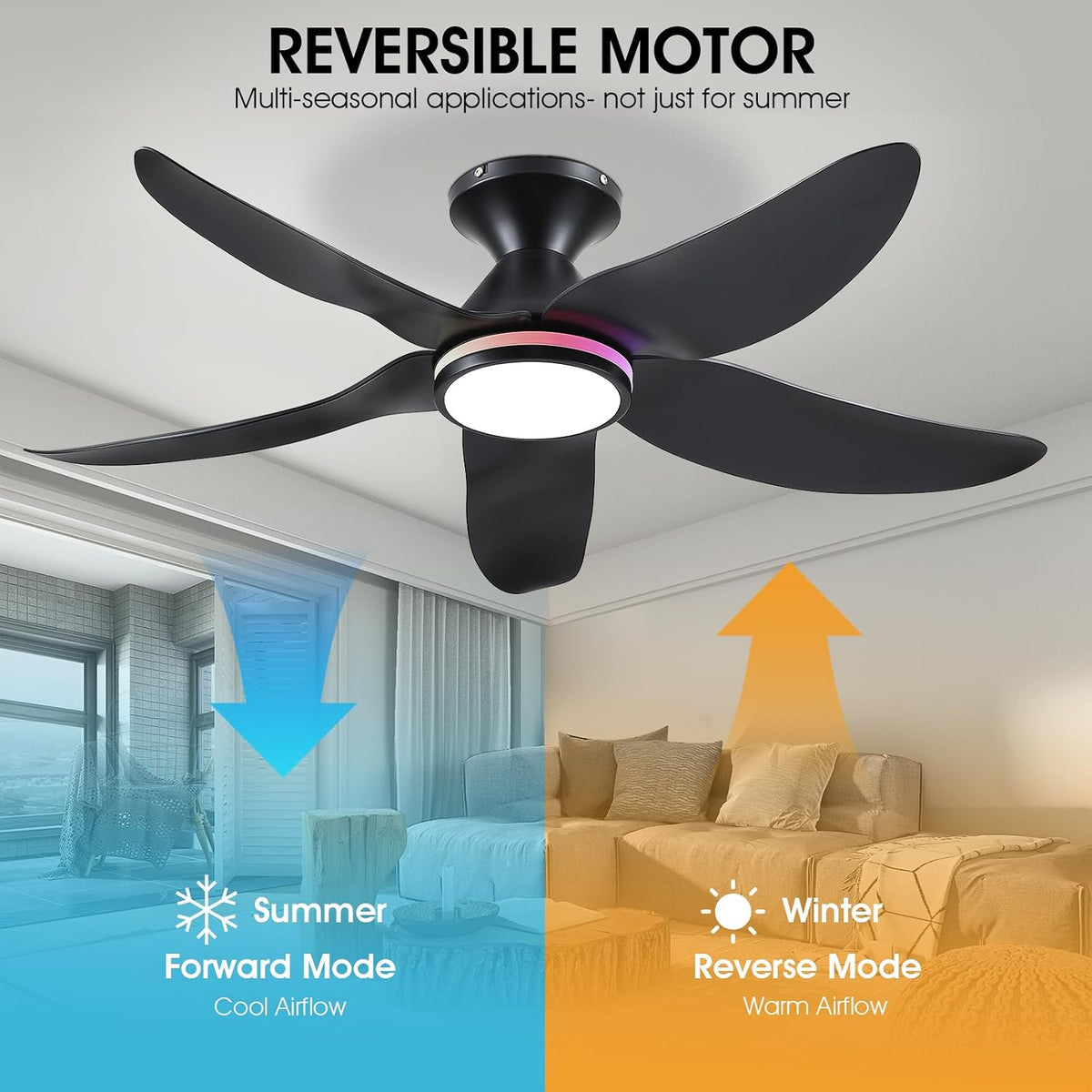Kviflon 46 In Ceiling Fans with RGB Ring Lights Remote/APP,5 Blades Black