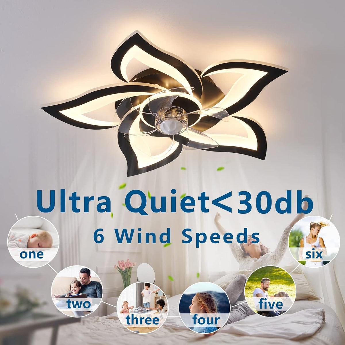 Dalouguan 24" Black Flower Ceiling Fan with Lights Remote Control, LED D...