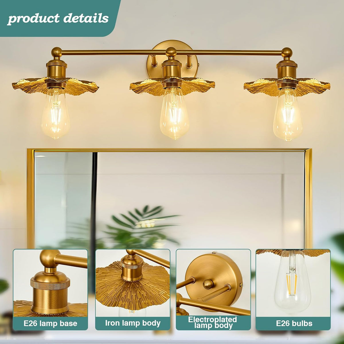 3 Light Vintage Vanity Light Gold Bathroom Light Fixtures Over Mirror.