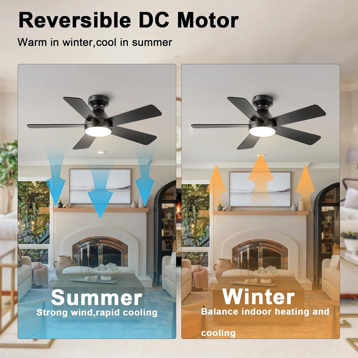 42inch 5-Blade Ceiling Fan Light, Recessed Mount with Remote Control, Black