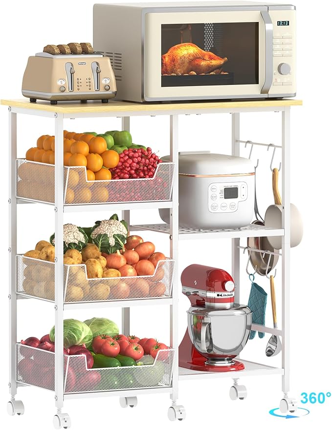 Rolling Kitchen Storage Microwave Cart & Kitchen Island on Wheels, Adjust...