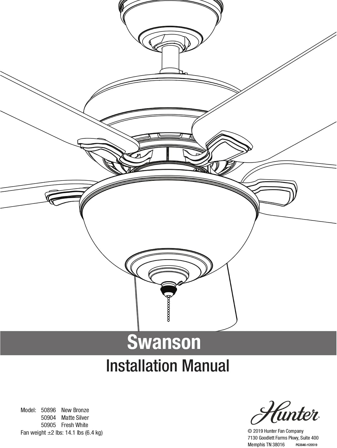 Hunter Swanson, Indoor, Ceiling Fan, with LED Light, 44 inch, Fresh White