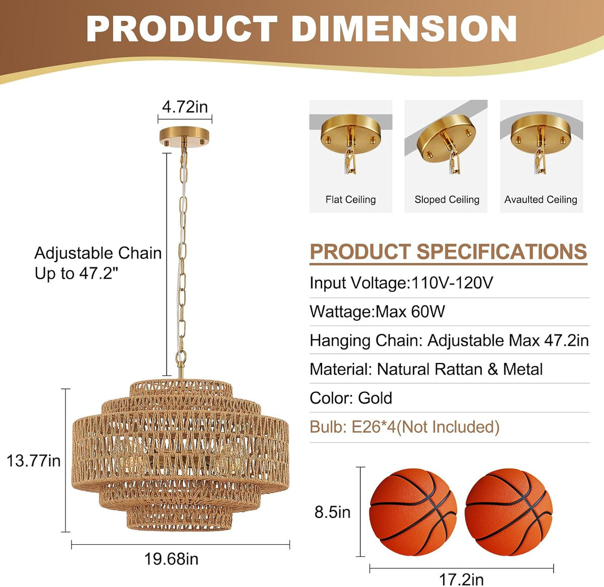 19.68" Gold Rattan Chandelier, 5-Tier Handwoven Wicker Fixture