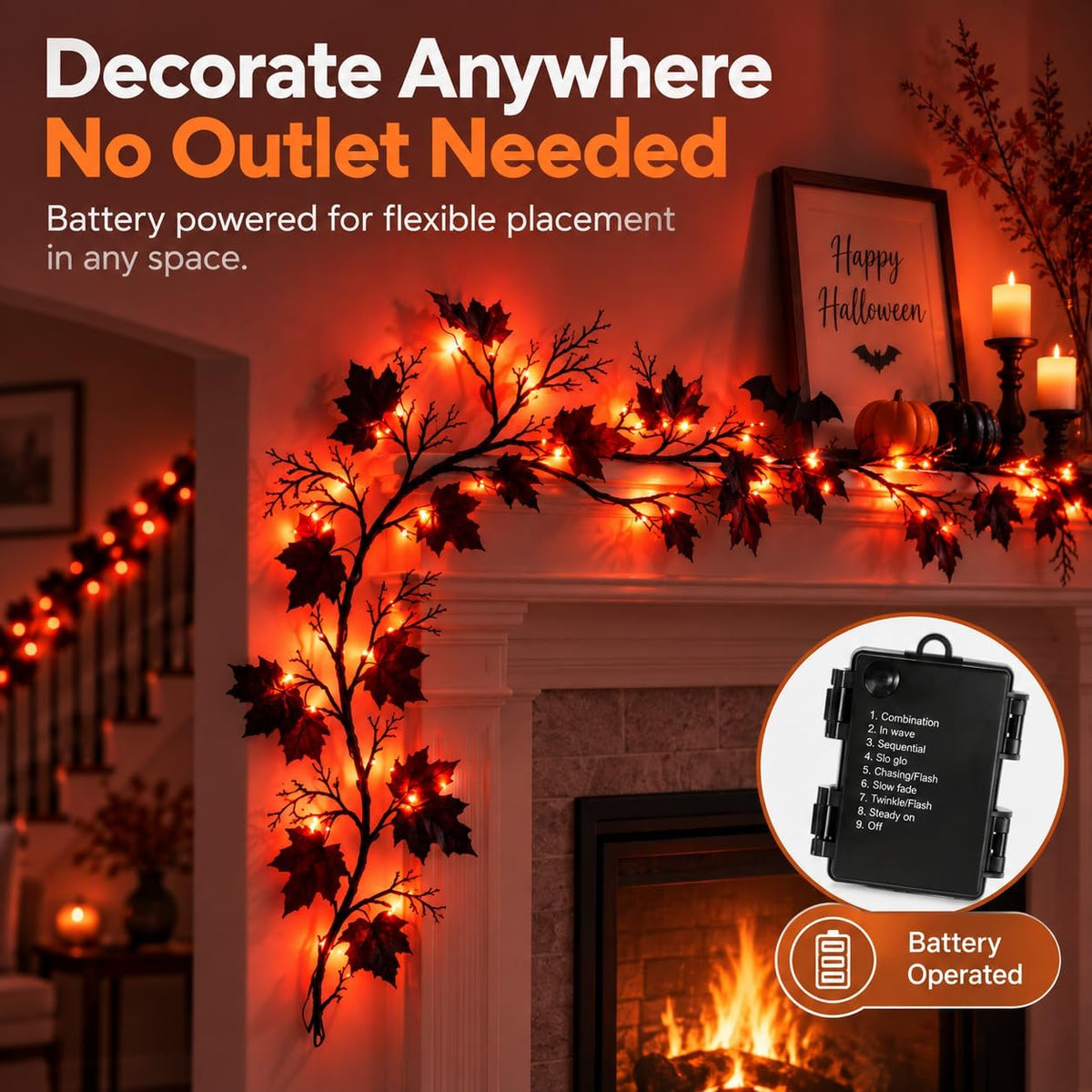 Halloween Garland with Orange Lights, 9 FT Black Maple Leaves, 72 LEDs