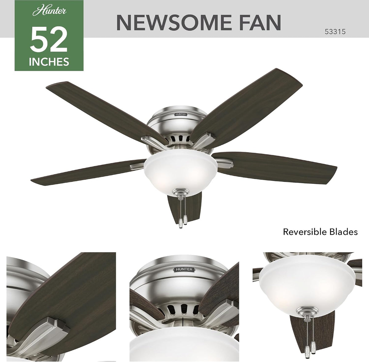 Hunter Newsome, Indoor, Ceiling Fan, Pull Chain, 52 inch, Brushed Nickel