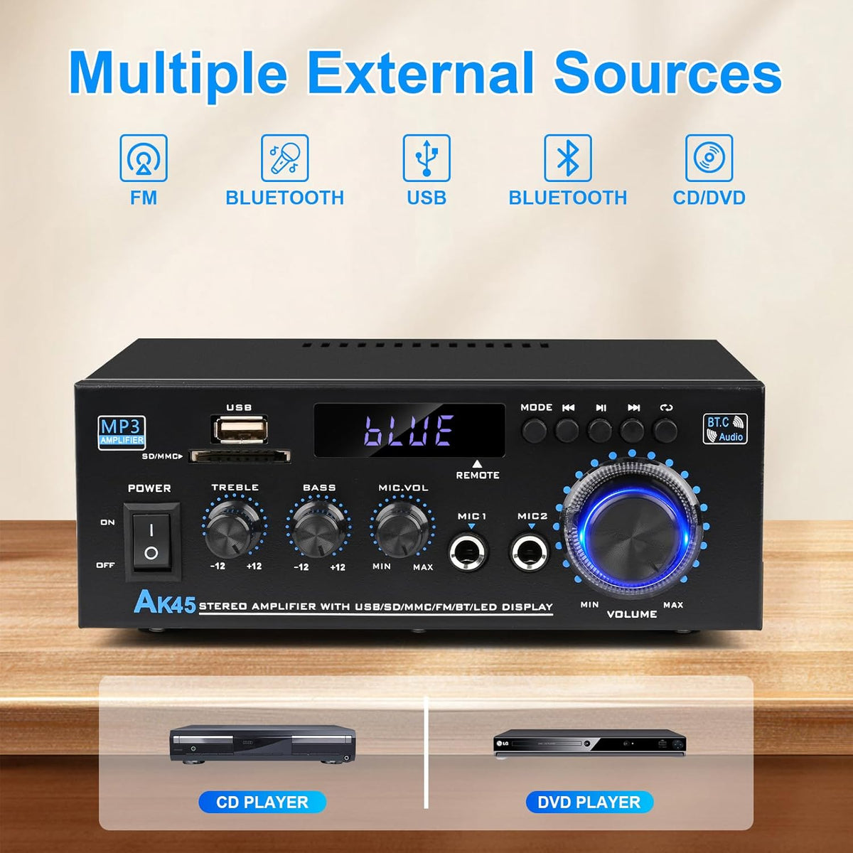 AK45 400W Bluetooth 5.0 Stereo Amplifier Receiver