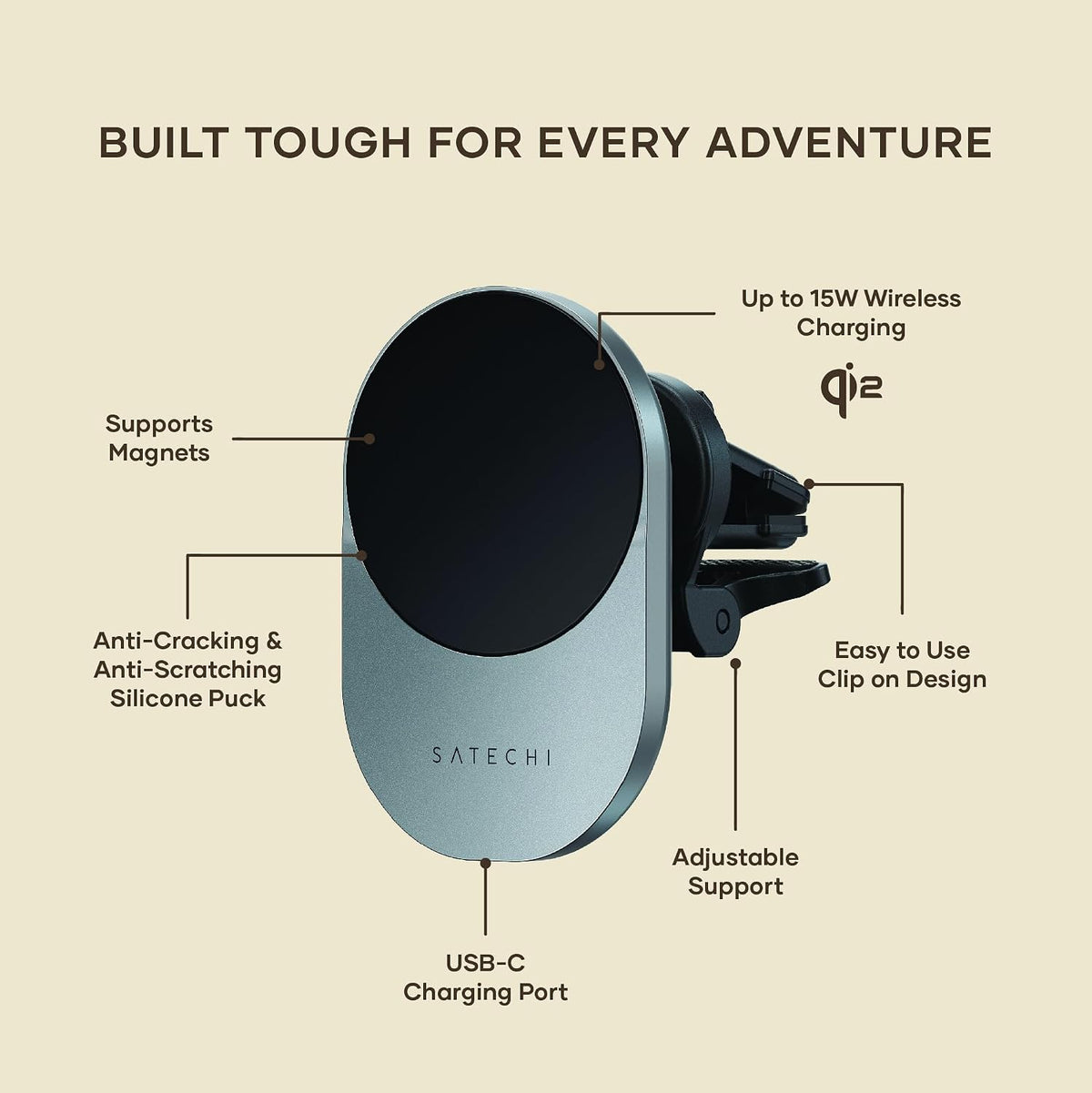 Satechi Qi2 Wireless Car Charger, 15W Fast Charging