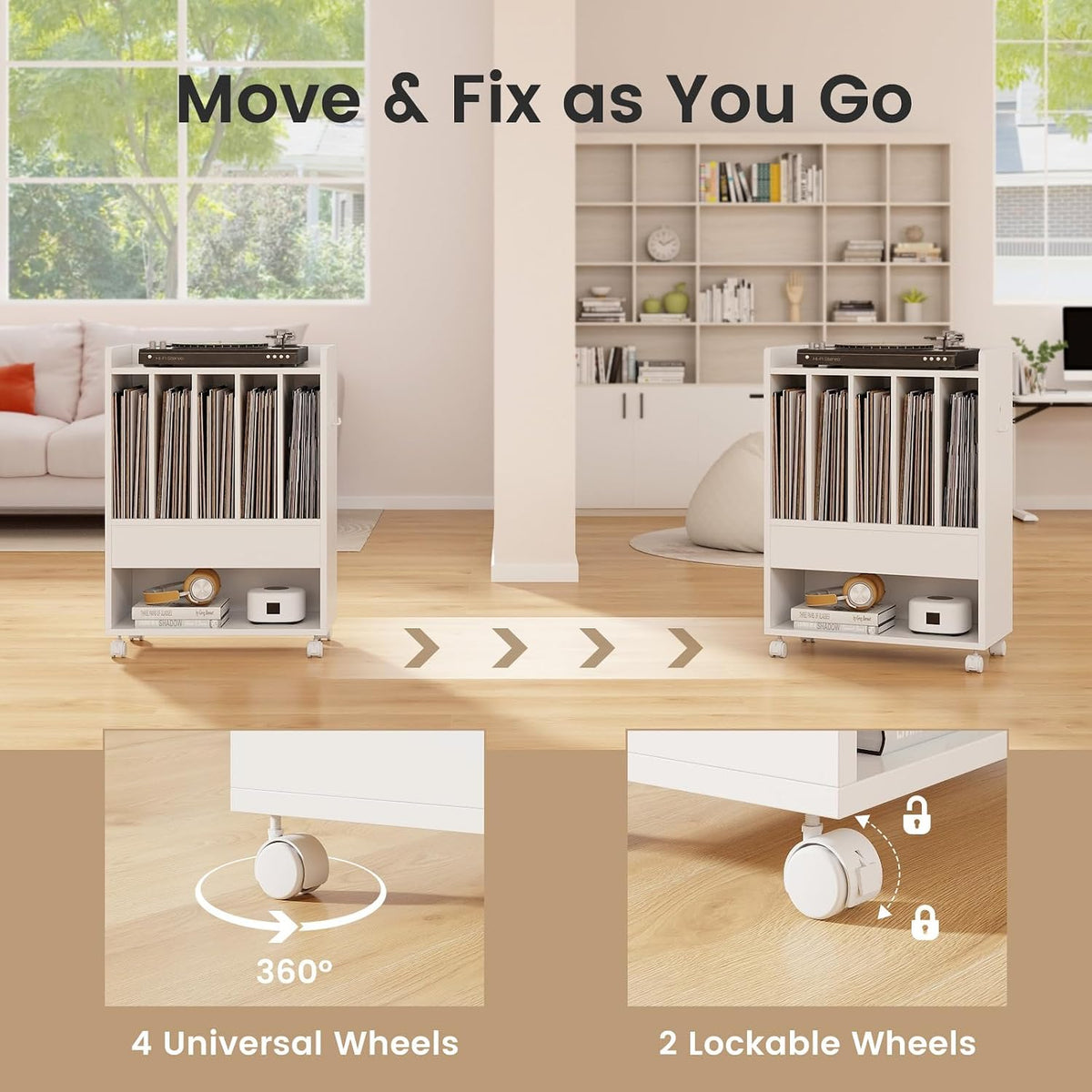 Rolling Record Player Stand with 4 Wheel, 5 Compartments, White