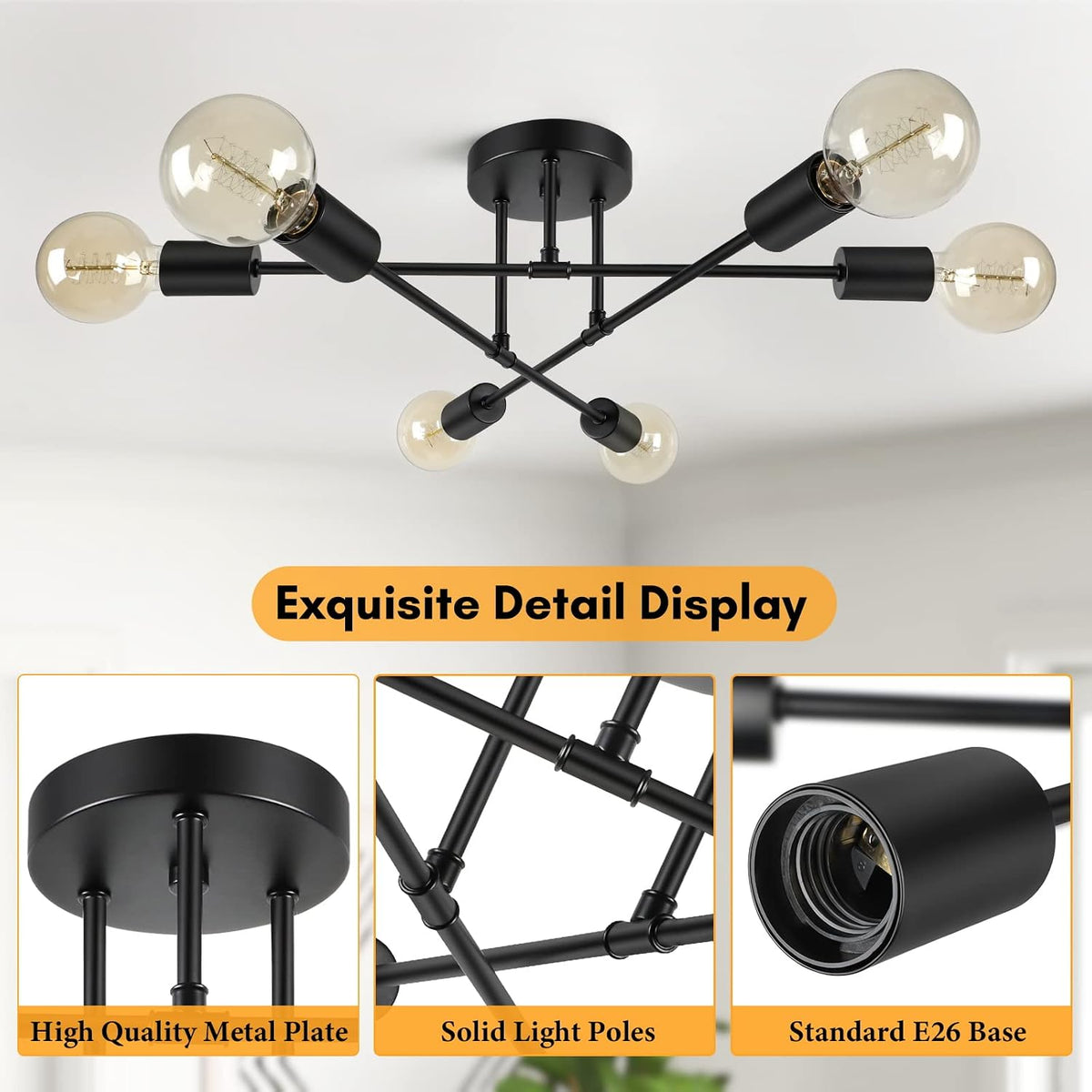Bosceos Modern Sputnik Chandelier, 6-Light Ceiling Lights Fixture 22" Black