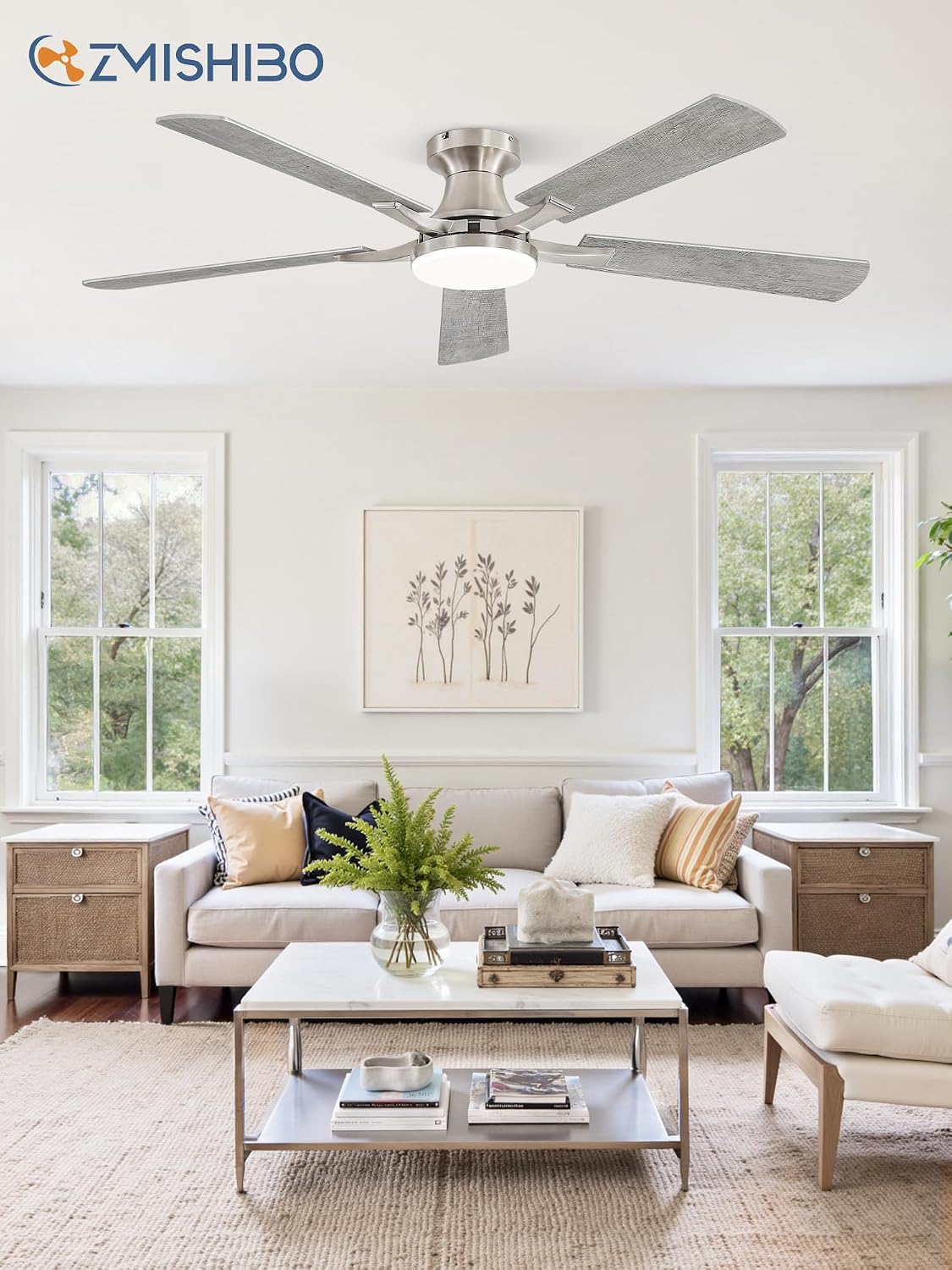 ZMISHIBO 52 Inch Ceiling Fans with Lights, Remote&App Control, Flush Mount