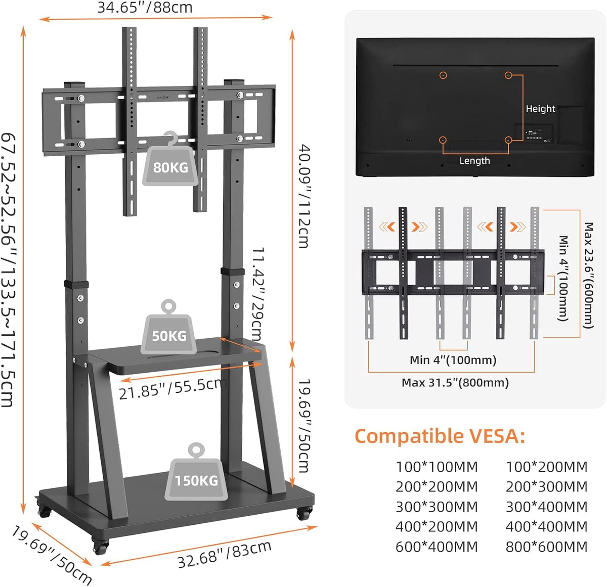 unho Tall Mobile TV Stand: Floor TV Mount Stand Height Adjustable