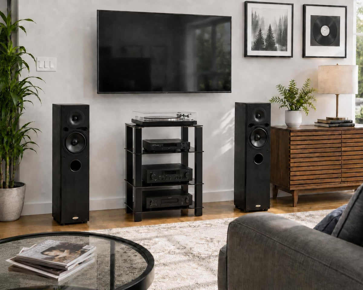 FITUEYES 4-Tier Media Stand Audio with Tempered Glass Shelves, Black