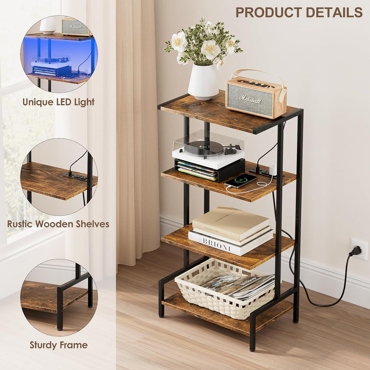 Arbuxzuy 4-Tier AV Media Stand with Power Outlet & LED Lights