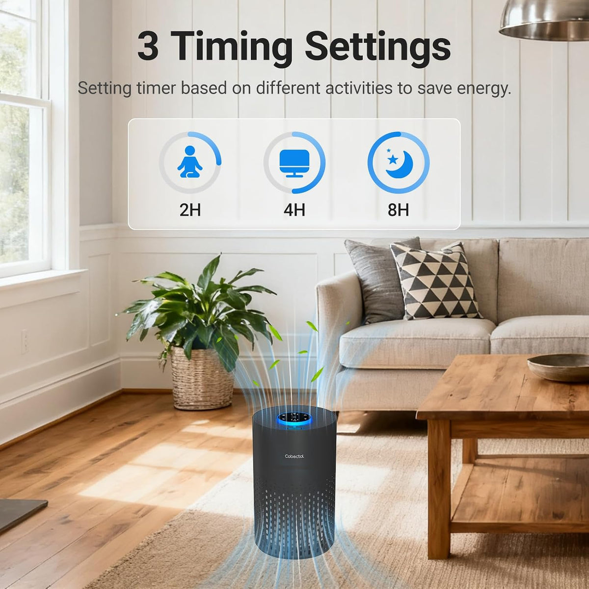 2 Pack Cobectal Air Purifiers for Home Bedroom with 3-in-1 Filter, Black