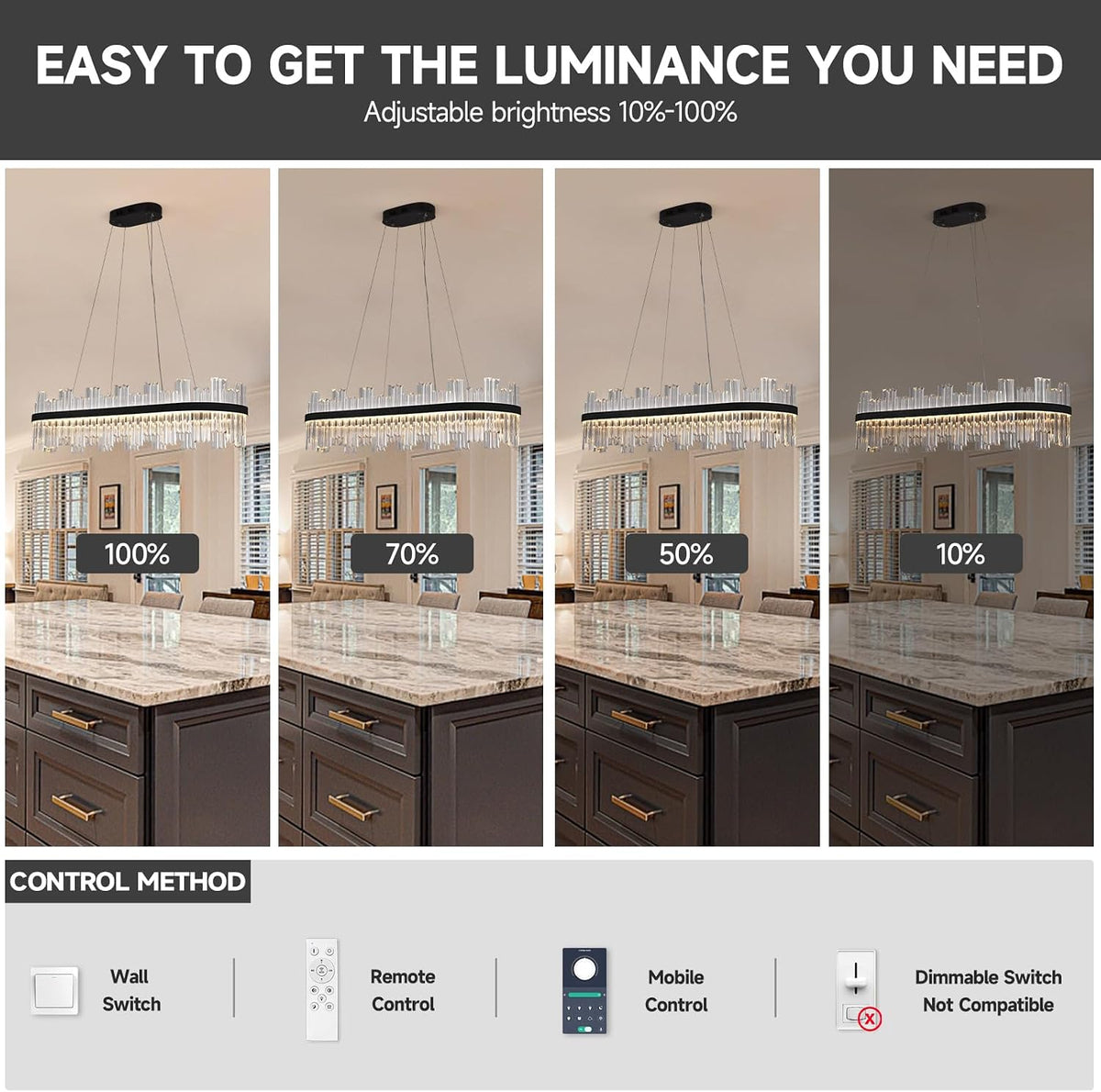 Black Led Modern Crystal Chandelier,Rectangle Chandeliers for Dining Room