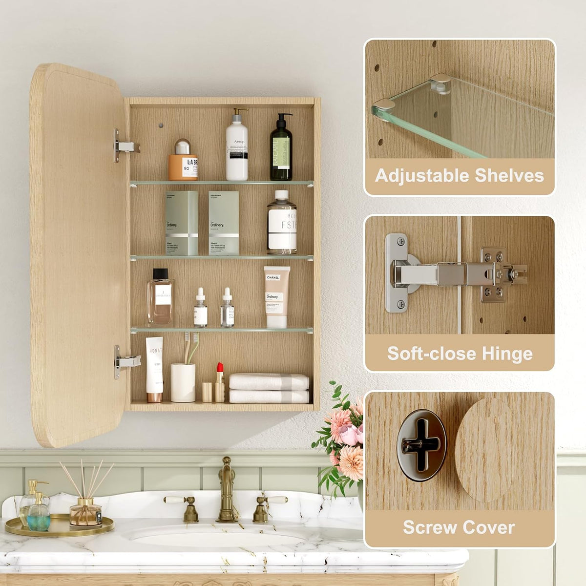 16x24 Inch Wood Medicine Cabinet with Mirror for Bathroom, Oak