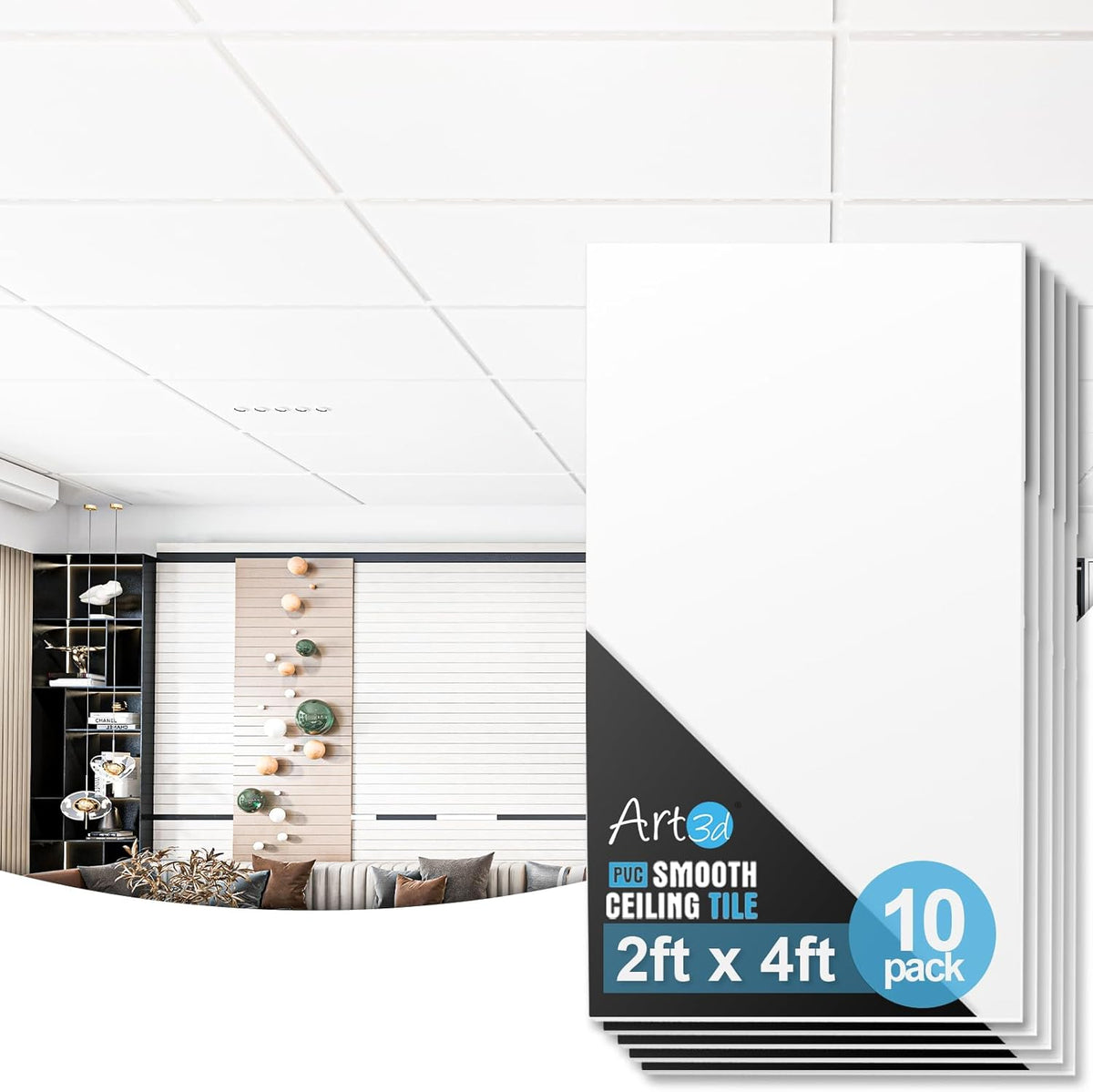 Art3d 10-Pack Smooth Drop Ceiling Tiles, No Sag and Breakage, White