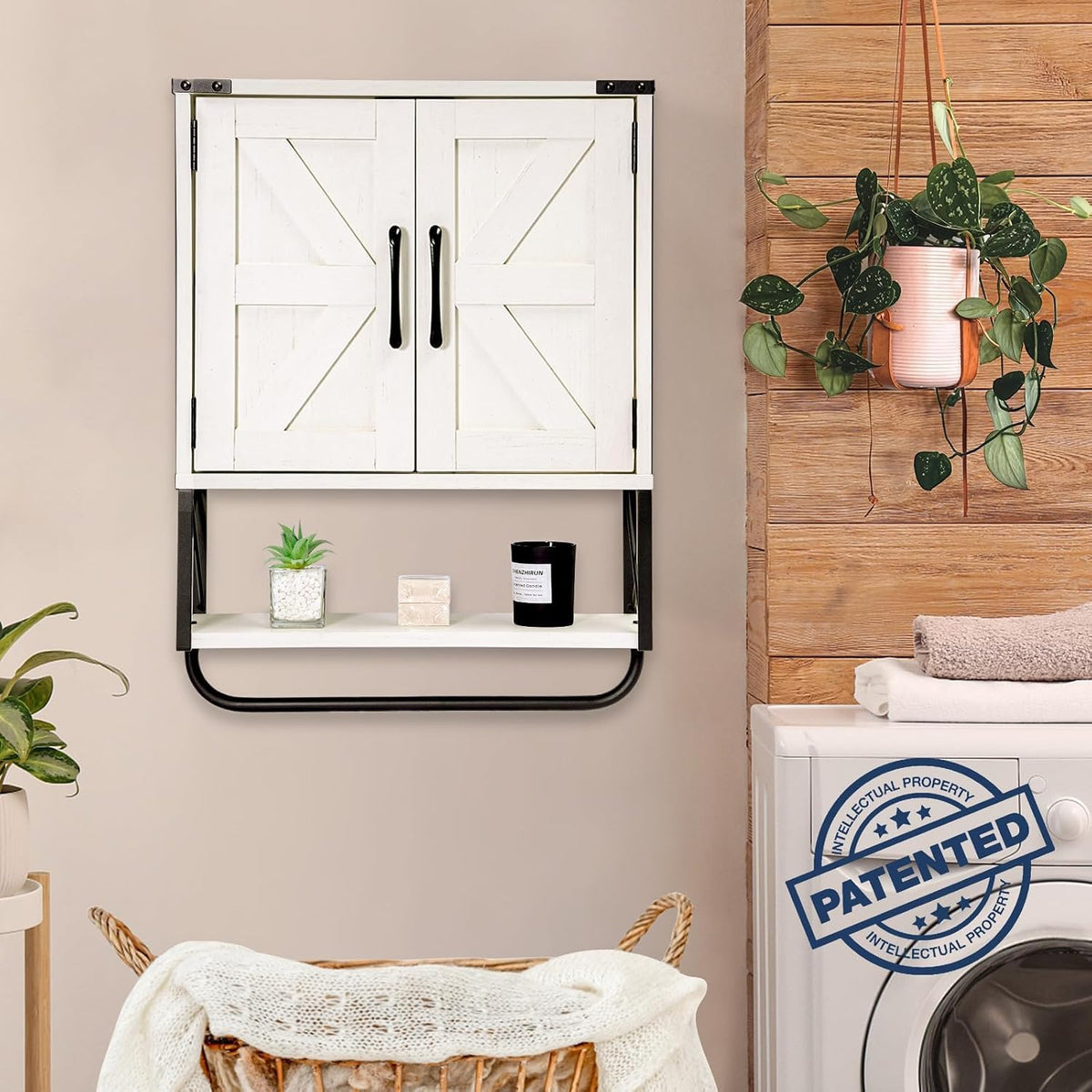 RUSTOWN Farmhouse Medicine Cabinet with 2 Barn Door & Towel Bar Rack