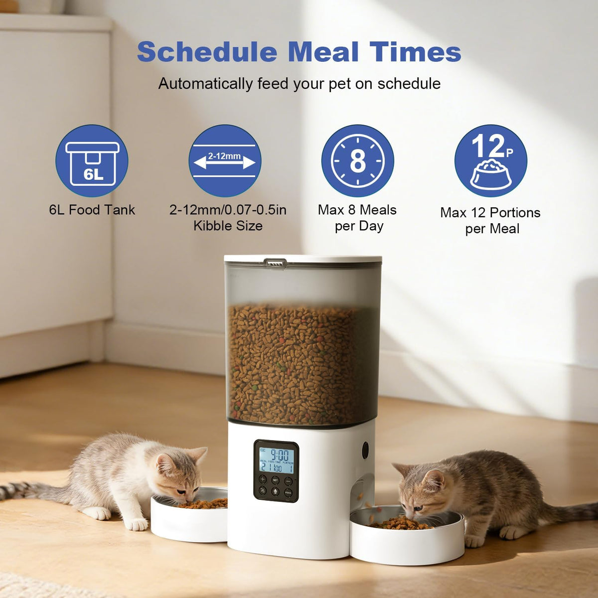 6L Automatic Cat Feeder, 2 Pets Timed Cat Dry Food Dispenser