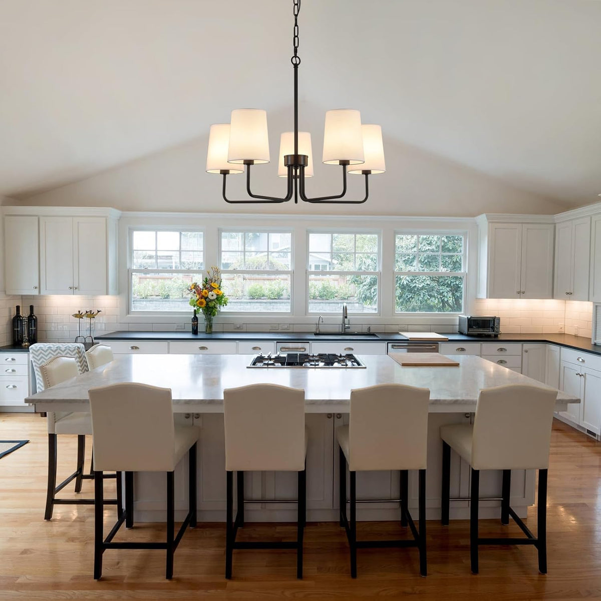 Farmhouse Chandelier, Matte Black with White Fabric Shade, Farmhouse Linear I...