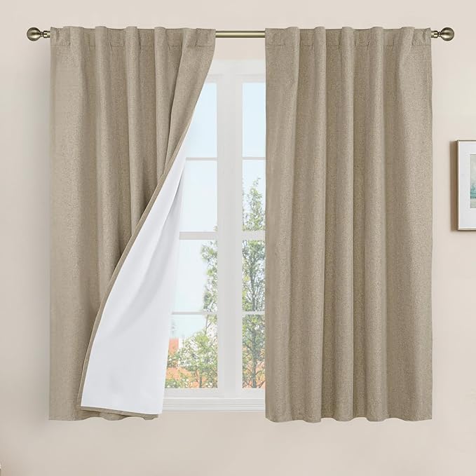 LAMIT Natural 100% Blackout Linen Curtains, 54 Inches Linen Textured Thermal