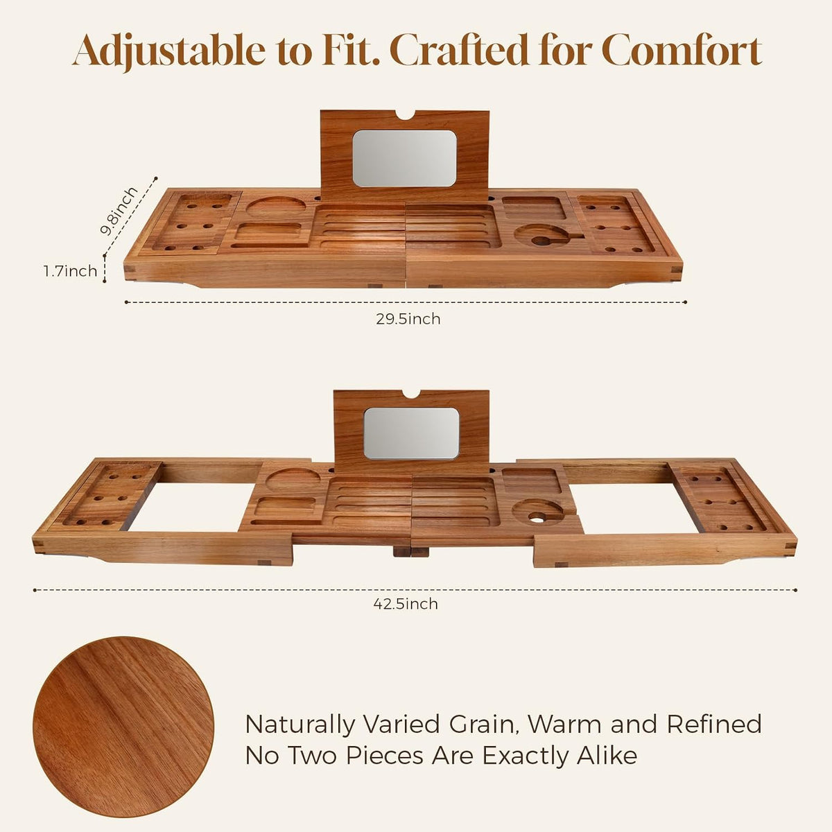 Acacia Bathtub Tray, Foldable & Extendable Bath Caddy with Non-Slip Desig...
