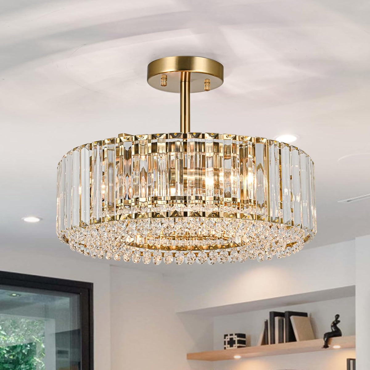 Lingkai 15.8“ Modern Crystal Chandelier Gold Round Semi Flush Mount Ceiling L...