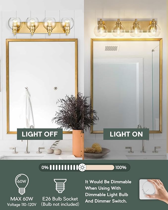 METWET Bathroom Light Fixtures, 4 Light Brushed Gold Vanity Light, 26 Inch