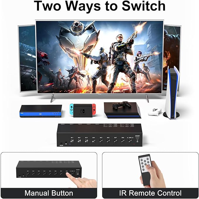 8 in to 1 Out RCA/HDMI Switcher，4 Way HDMI 2.0 + 4 RCA to HDMI
