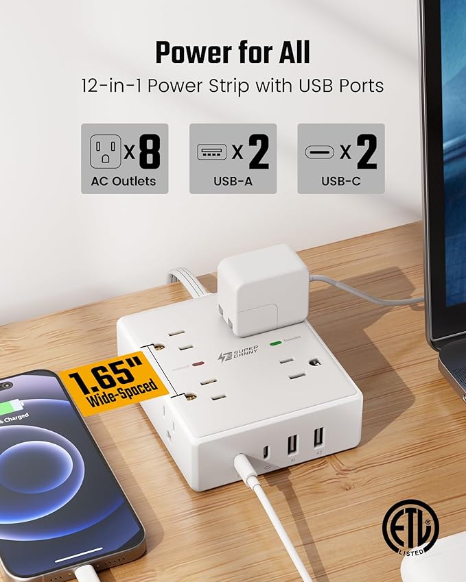 25Ft Long Extension Cord, Flat Plug Power Strip