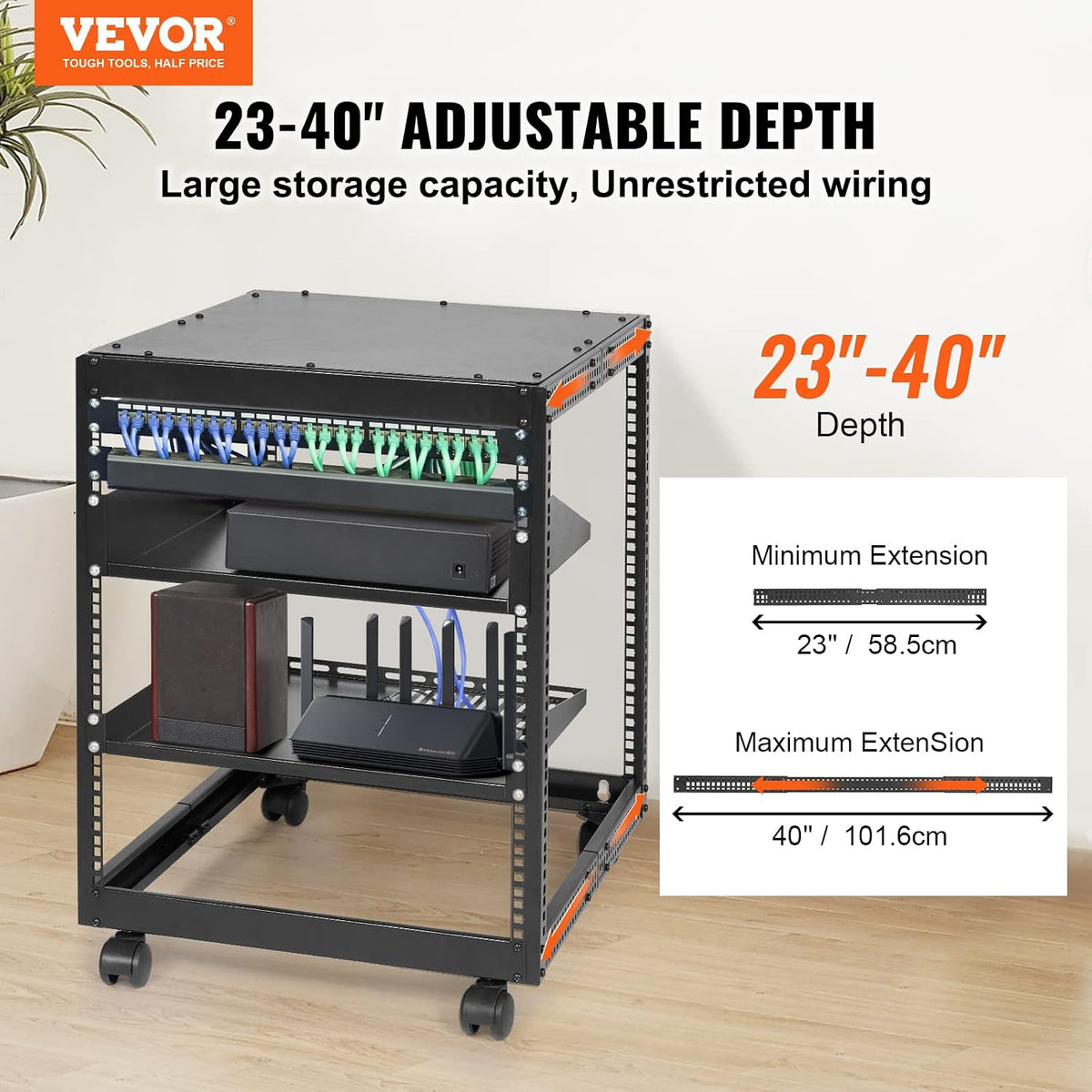 VEVOR 12U Open Frame Server Rack, 23-40 in Adjustable Depth, Free Standing or...