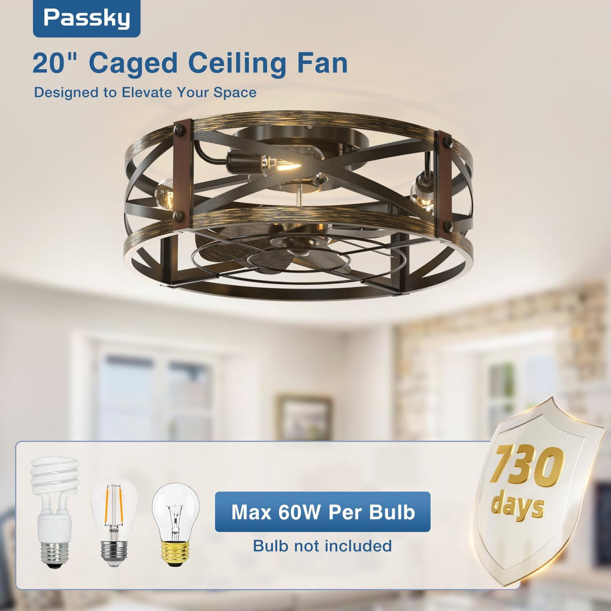 Passky 20" Caged Ceiling Fans with Lights and Remote, Low Profile Fandelier