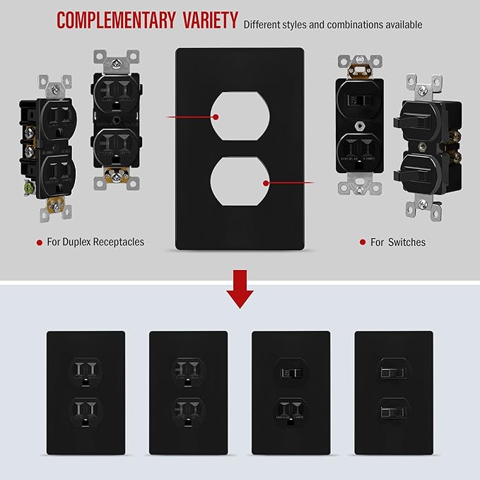 ENERLITES SI8821-BK Duplex Outlet Receptacle Cover, Screwless Wall Plate (10P...