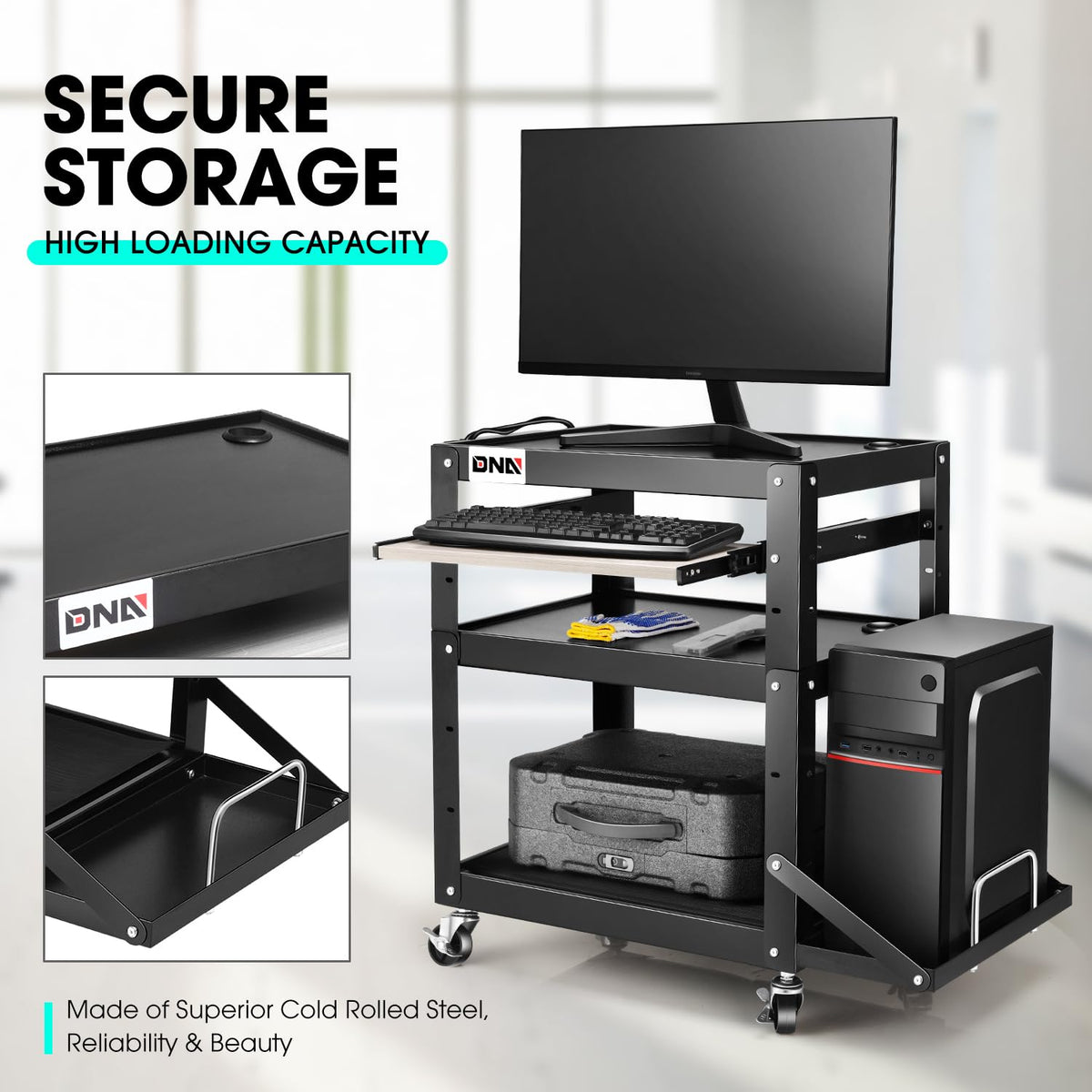 DNA Motoring Steel AV Cart 3-Layer Rolling Projector Utility Cart, 24" X...