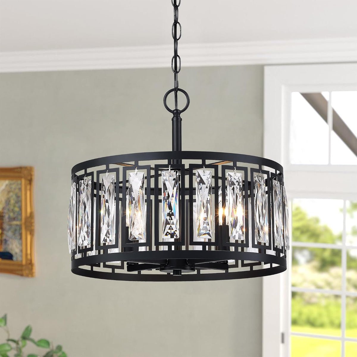 Modern Black Crystal Chandeliers for Dining Room, 4 Lights Pendant Lighting