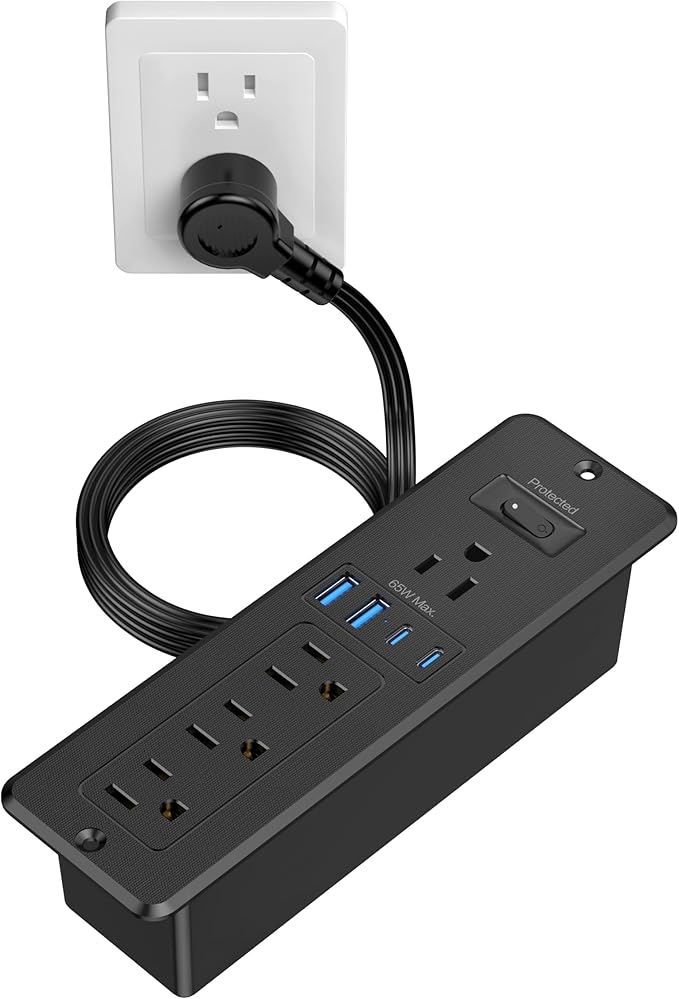 65W USB C Recessed Power Strip, Flush Mount Desktop Recessed Outlet