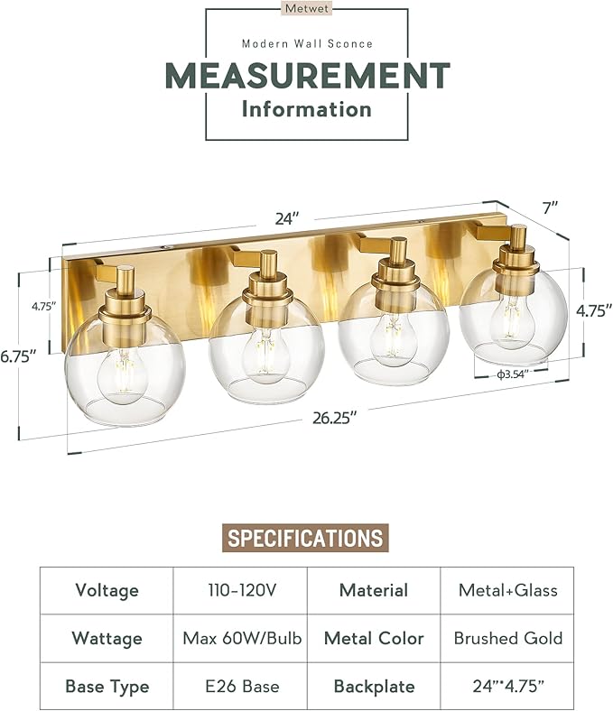 METWET Bathroom Light Fixtures, 4 Light Brushed Gold Vanity Light, 26 Inch