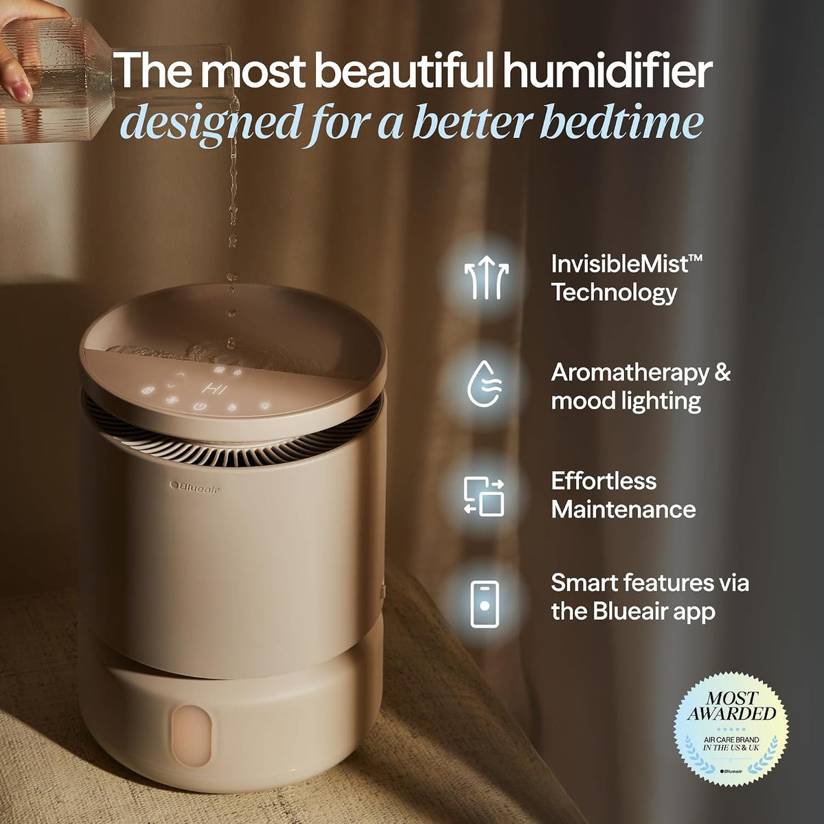 BLUEAIR 3.8L Top-Fill Humidifiers for Bedroom, 1 Gal, DreamWell H38i Beige