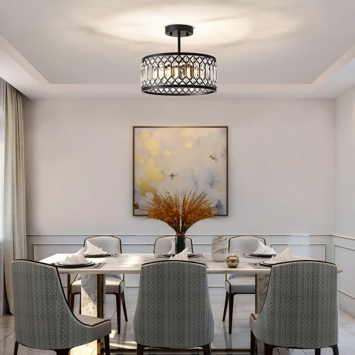 Pevfah Crystal Black Ceiling Light, 3-Light Semi Flush Light Fixture, 12 in