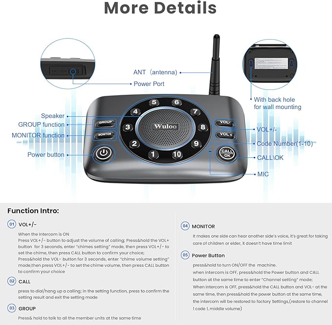 Hands-Free Intercoms Wireless for Home Business, Wuloo Upgrade Two Way Audio