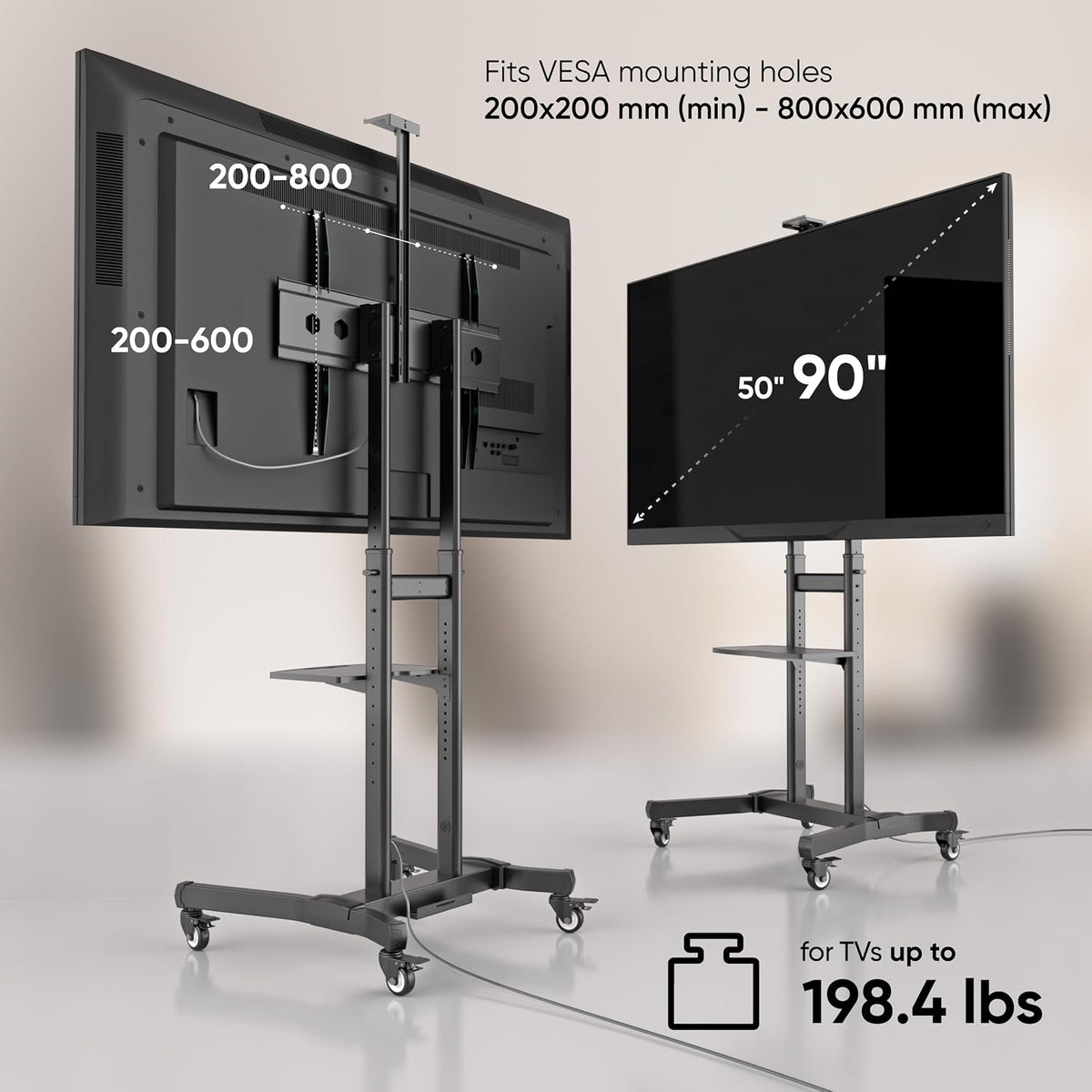 ONKRON Mobile TV Stand 50-90 Inch, up to 198.4 lbs, max VESA 800x600, Black